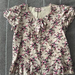 Chanpagne Cream Satin Floral Ruffle Blouse with Pink & Black Accents